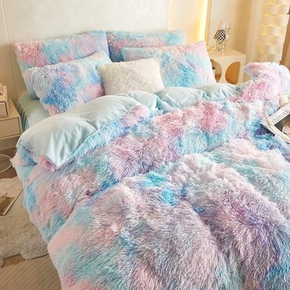 ONLY Fluffy Tie Dye Comforter Cover Queen  Faux Fur Comforter Set 3 Pieces - Picture 1 of 15